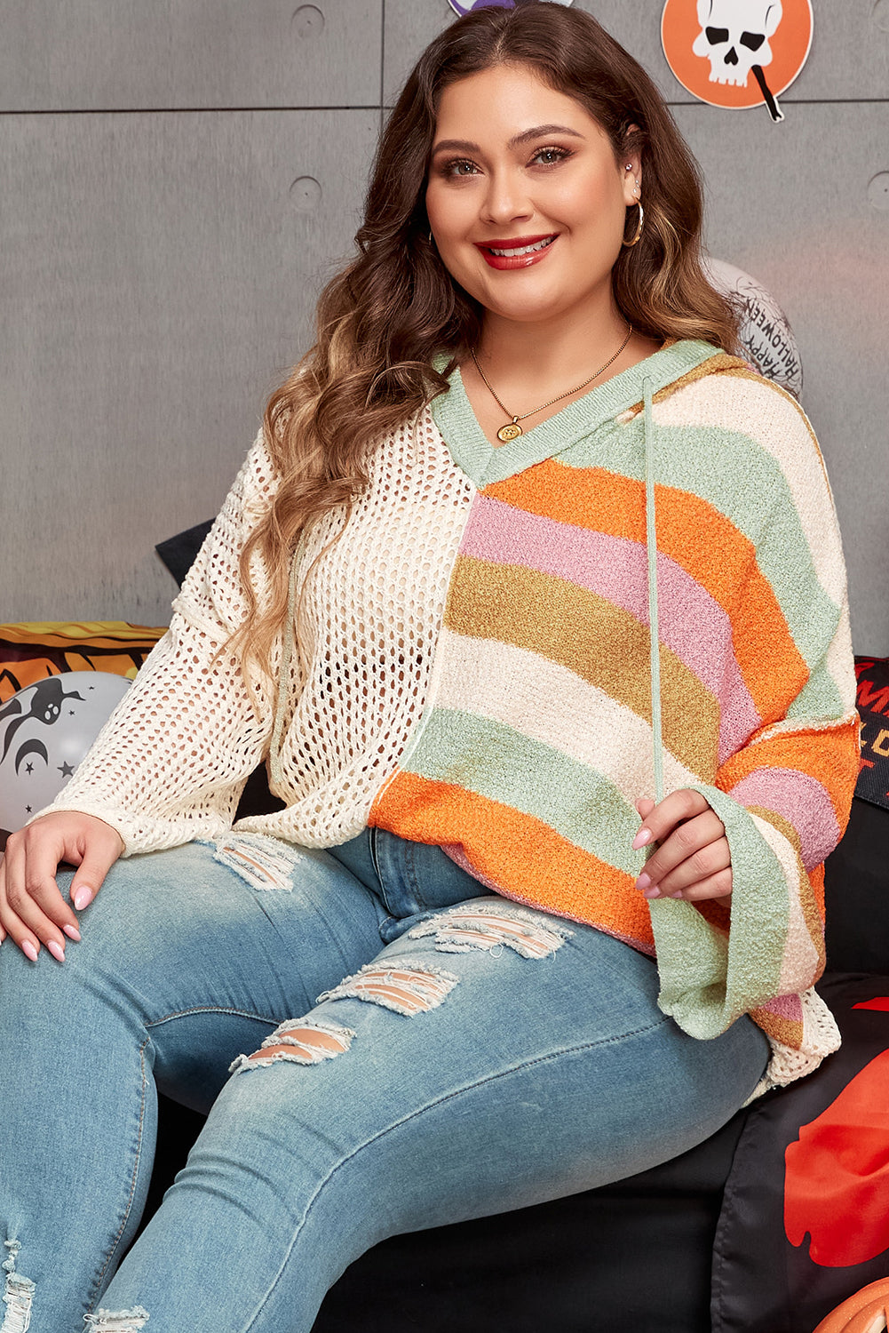 Women's Sweater with Hooded Plus Pointelle Knitted