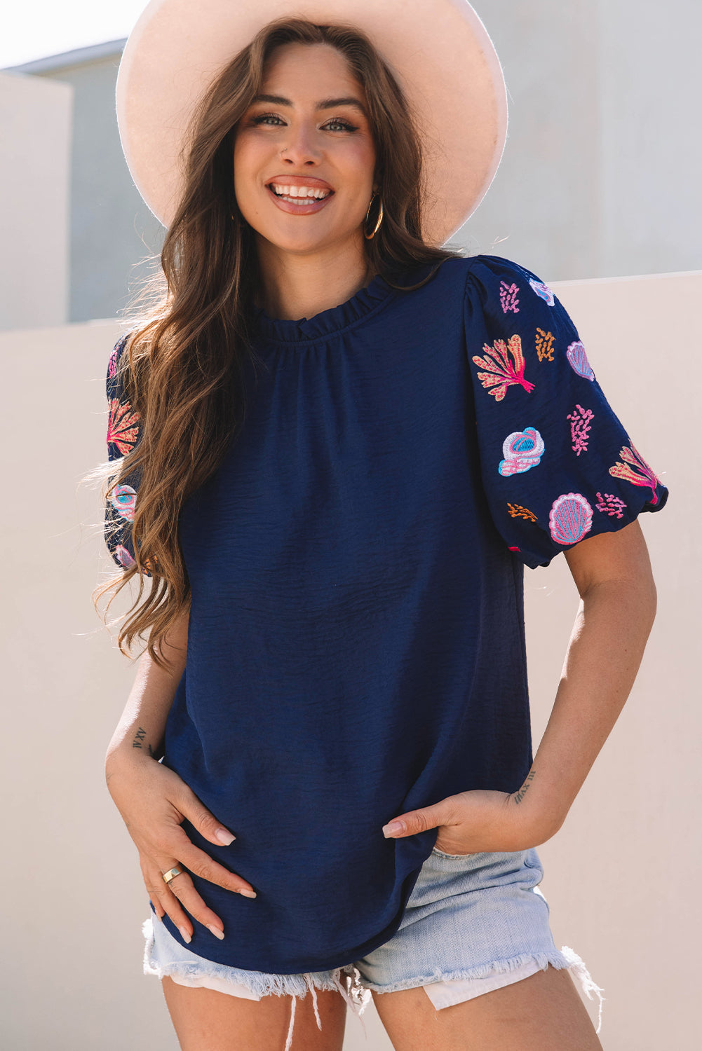 Sail Blue Shellfish Coral Embroidery Frilled Neck Blouse