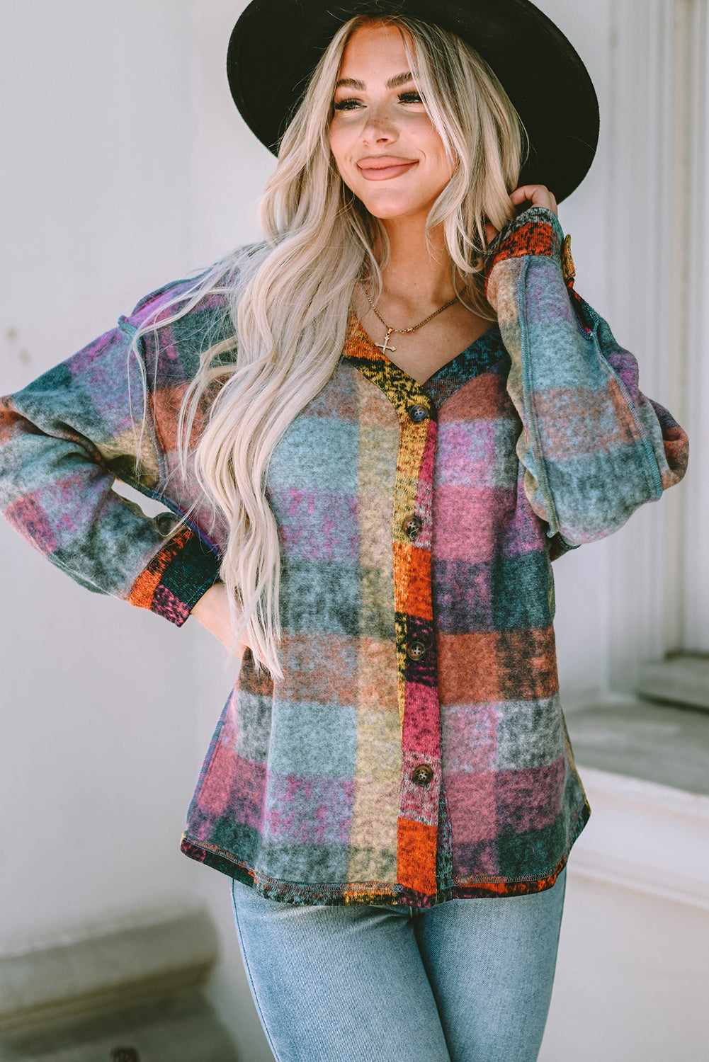 Jacket for Women Button-Front Block Brushed Checked Western