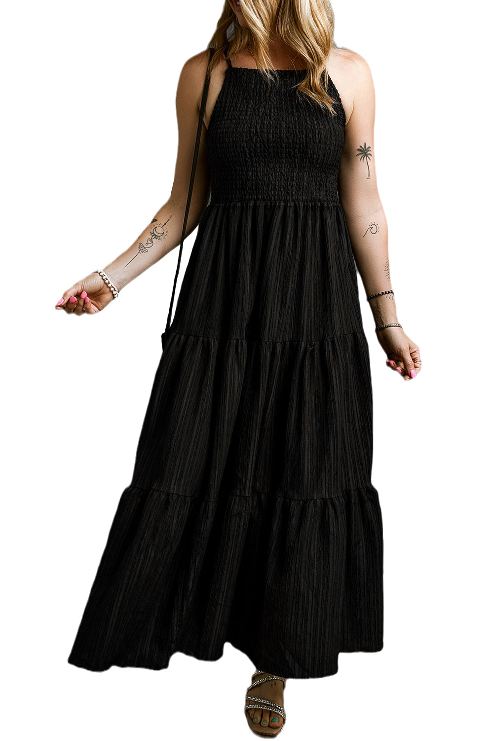 Maxi Dress for Women Layered Spaghetti Straps Pleat-Detail