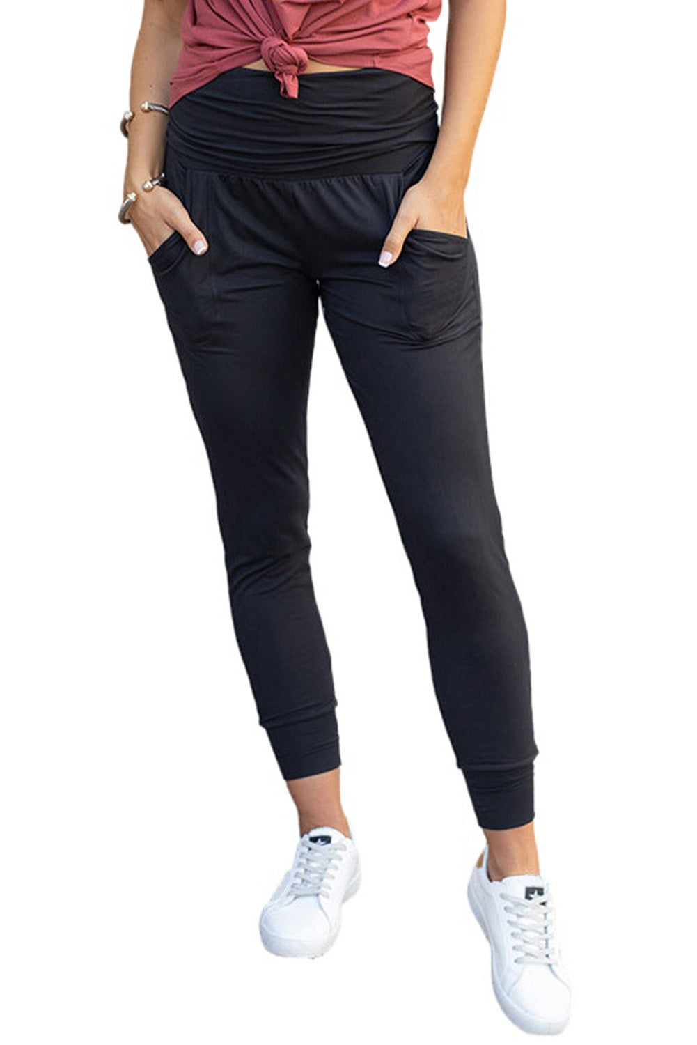 Women's High-Rise Black Pleat-Detail Pocket Leggings