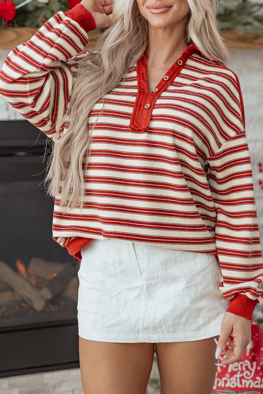 Button-Front V-Neck Collared Drop-Shoulder Top