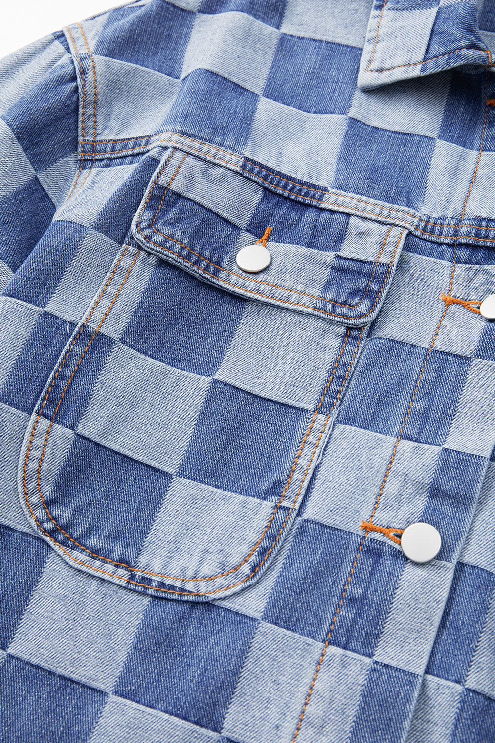 Checkered Denim Patchwork Button-Front Jacket in Light Blue