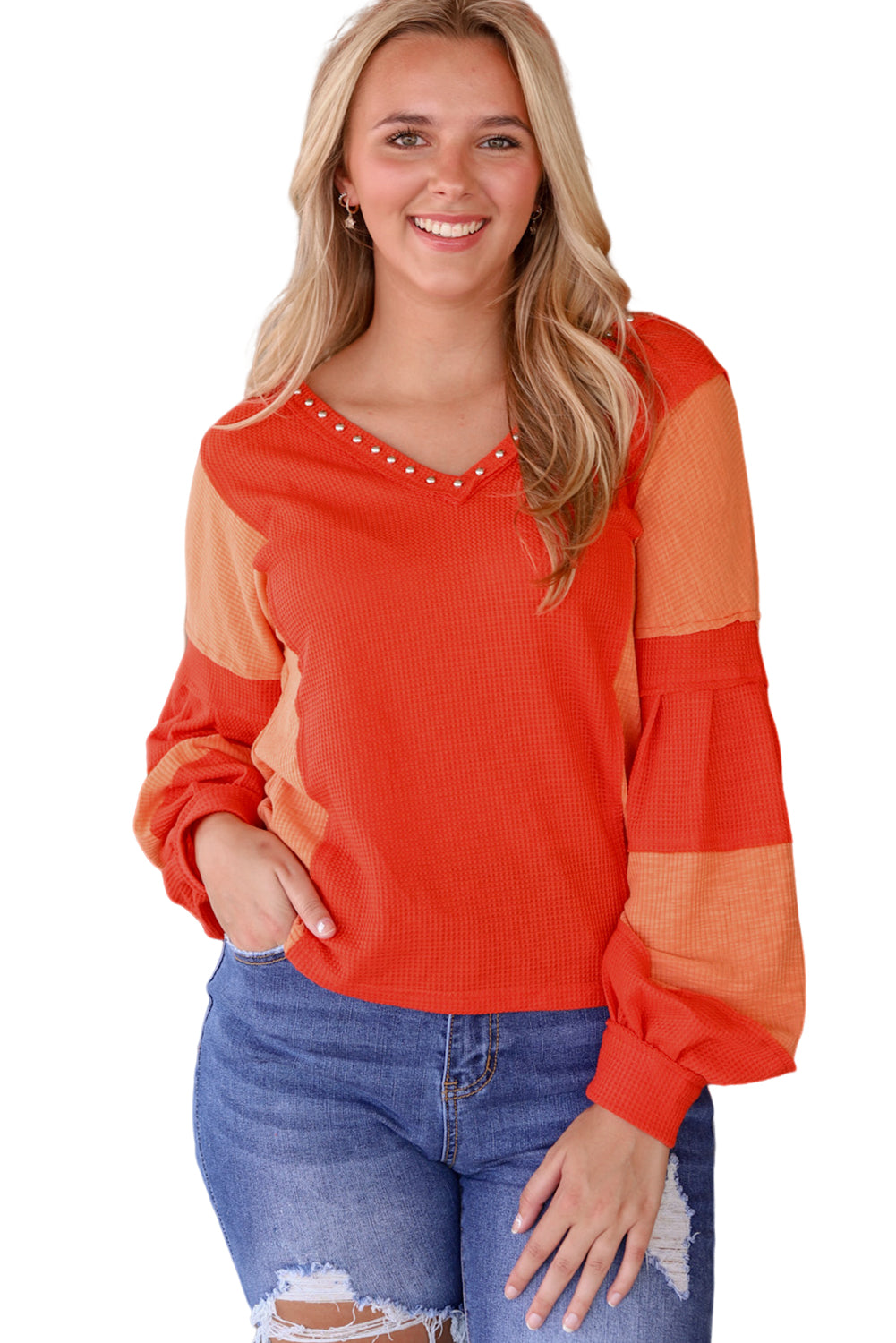 Women's Knit Top with Studded V Neckline Textured