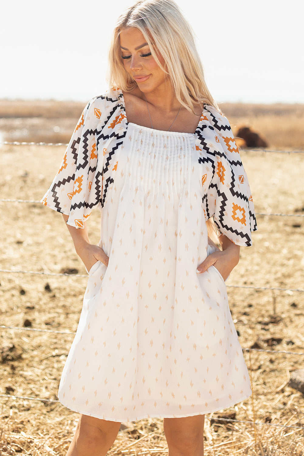 Beige Western Aztec Print Pleated Square Neck Mini Dress