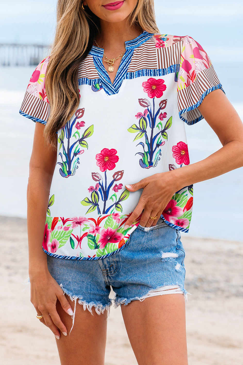 Floral Short-Sleeved Striped Patchwork Split Neck Blouse