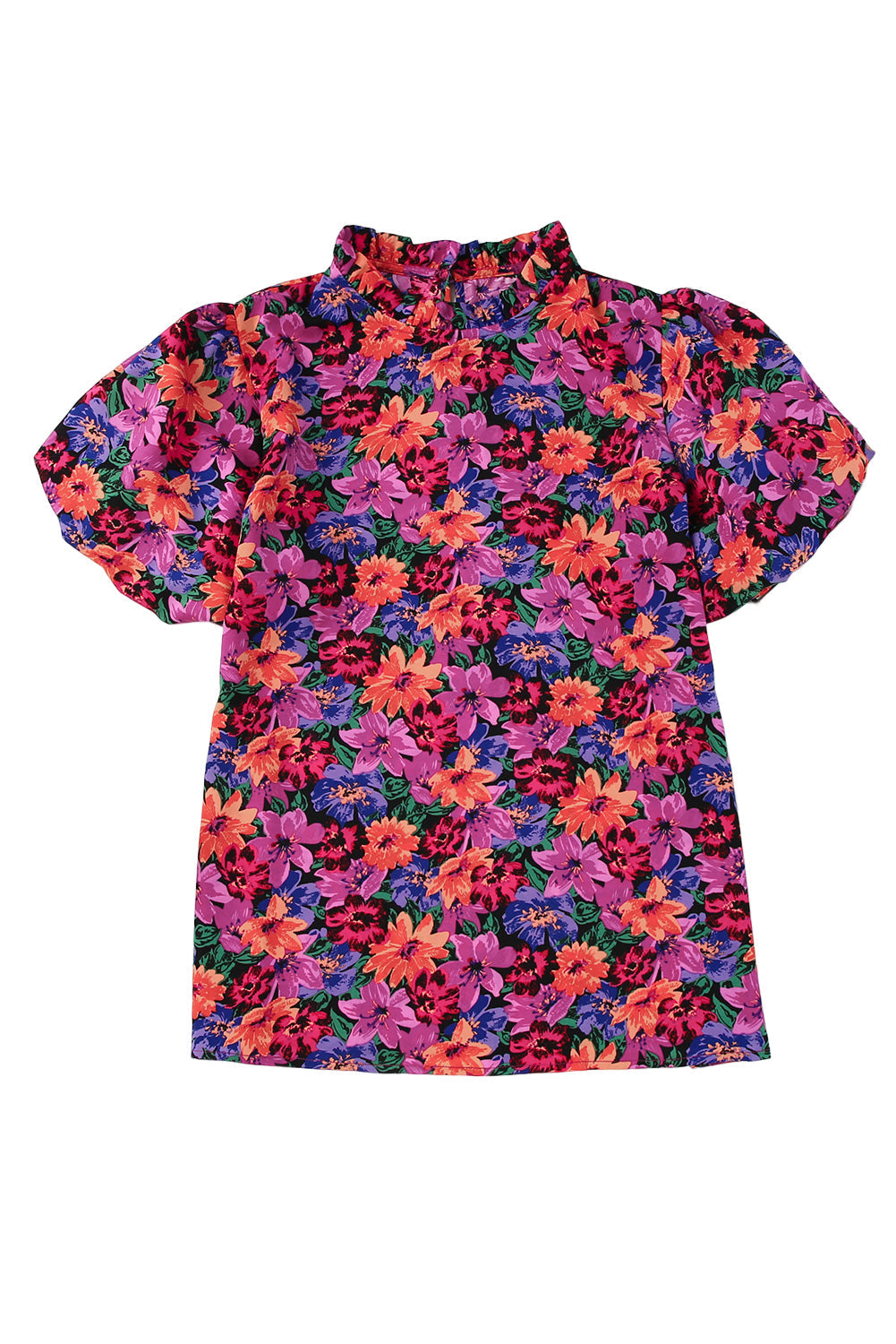 Women's Blouse with Floral-Print Round Neck Balloon Sleeve