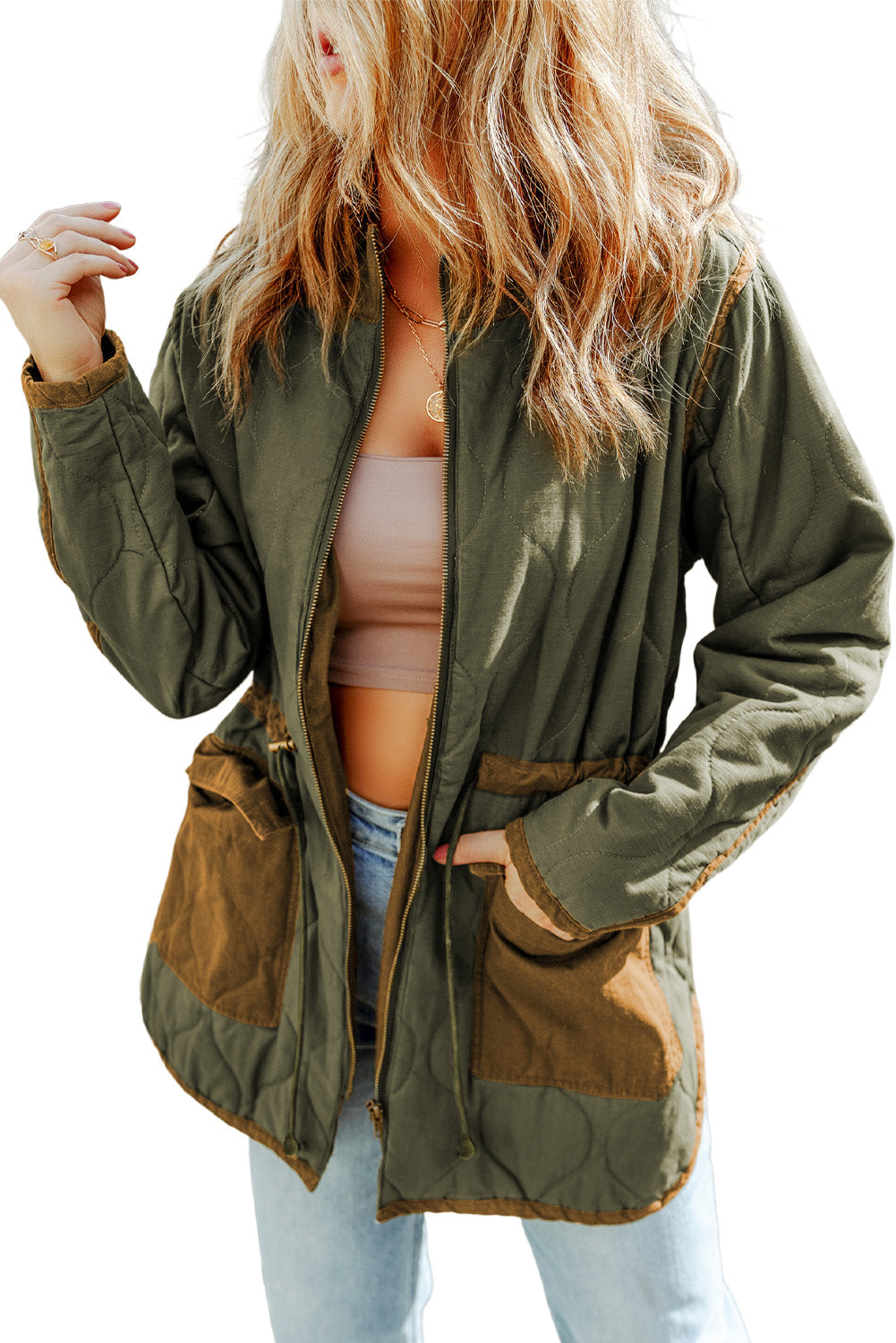 Women's Jacket Featuring Stitching Quilted Drawcord