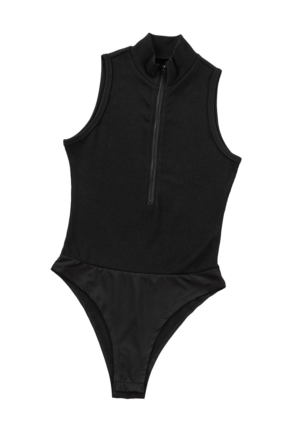 Women's Bodysuit with Rib-Knitted Zip up Mock Neck