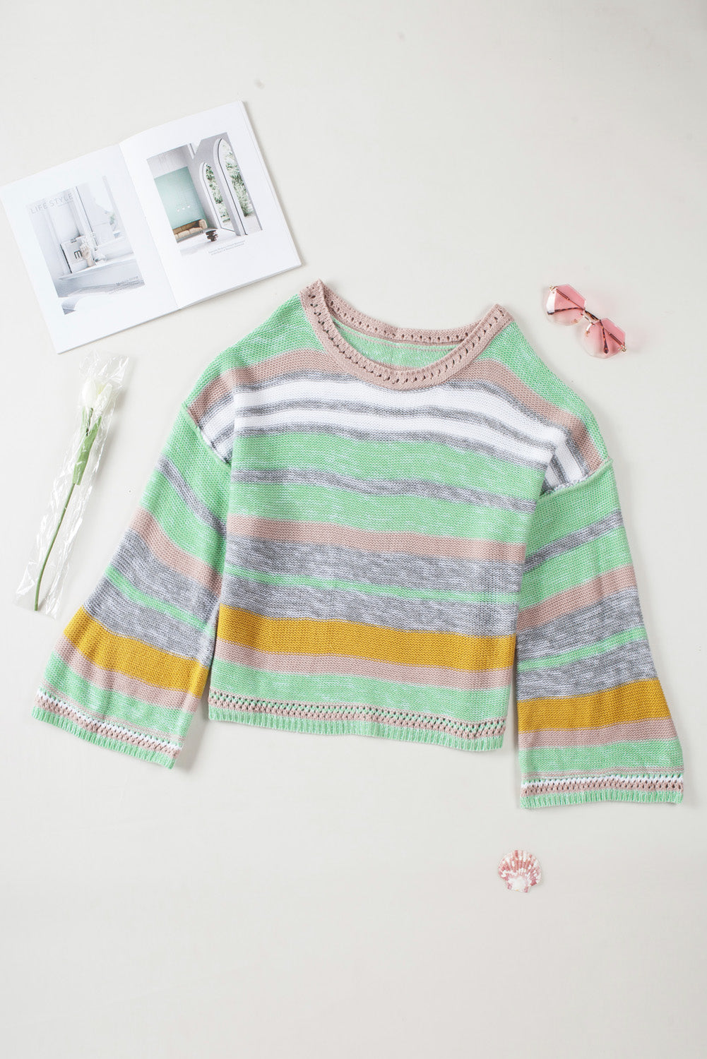 Women's Sweater Featuring Striped Bell Sleeves Loose