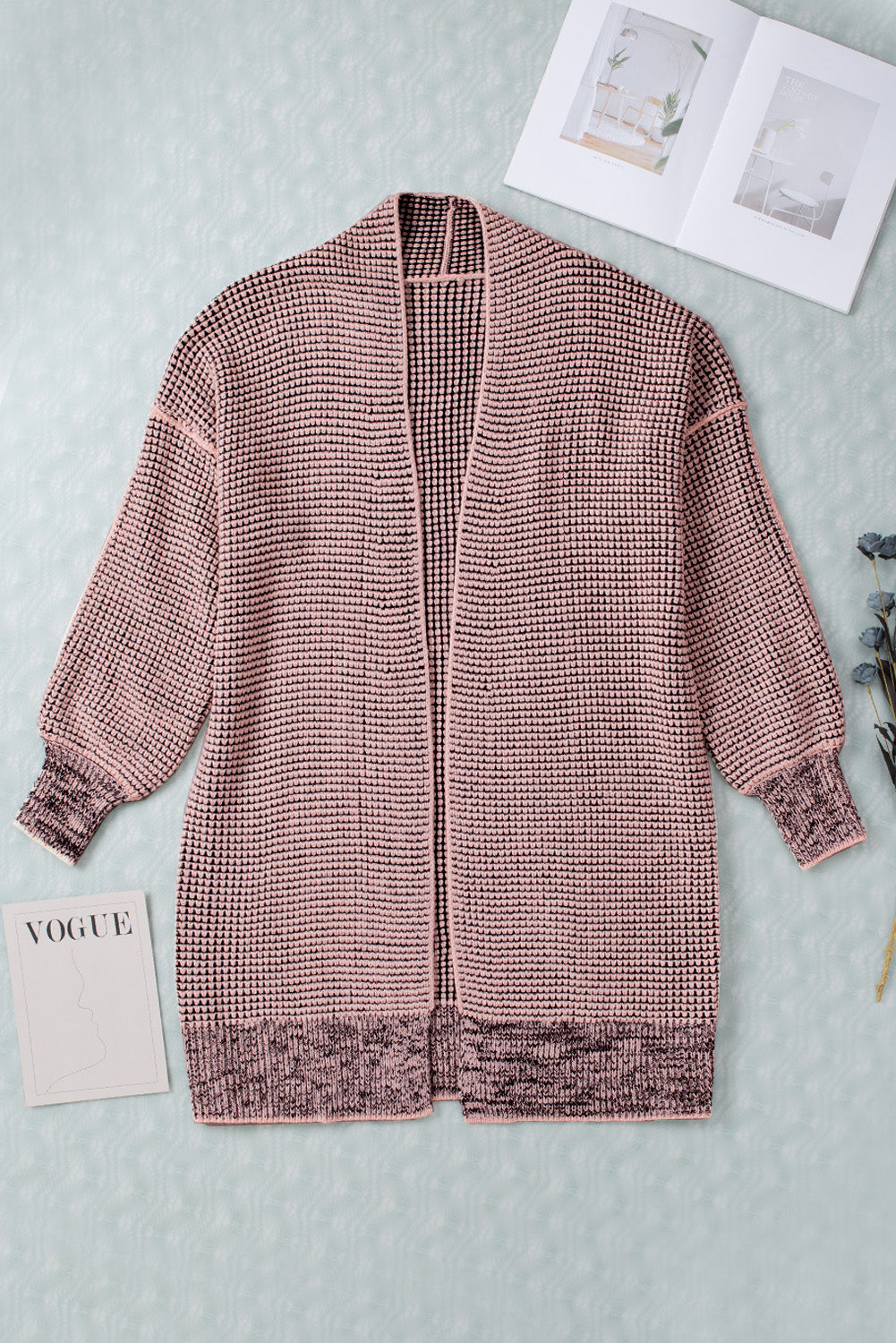 Women's Cardigan Featuring Plaid Knitted Long Open Front Pink