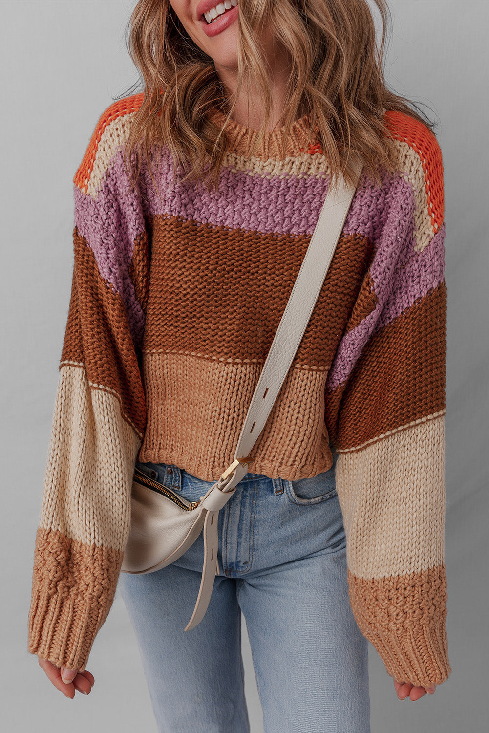 Cropped Colorblock Drop-Shoulder Chunky Knit Knit Top