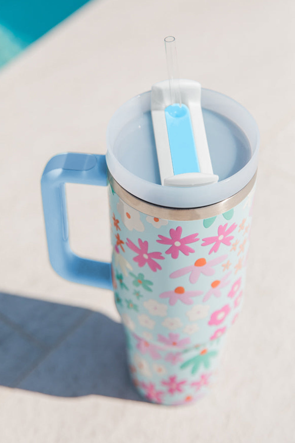 Cute Flower Pattern Handled Cup with Straw 40oz