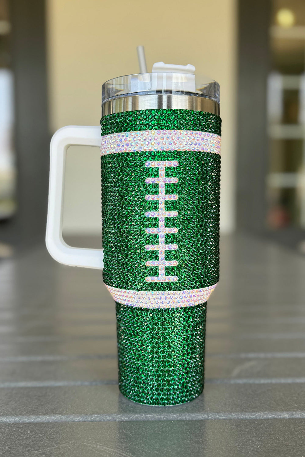 Rugby Football Rhinestone Football Handle Vacuum Cup 40oz Style