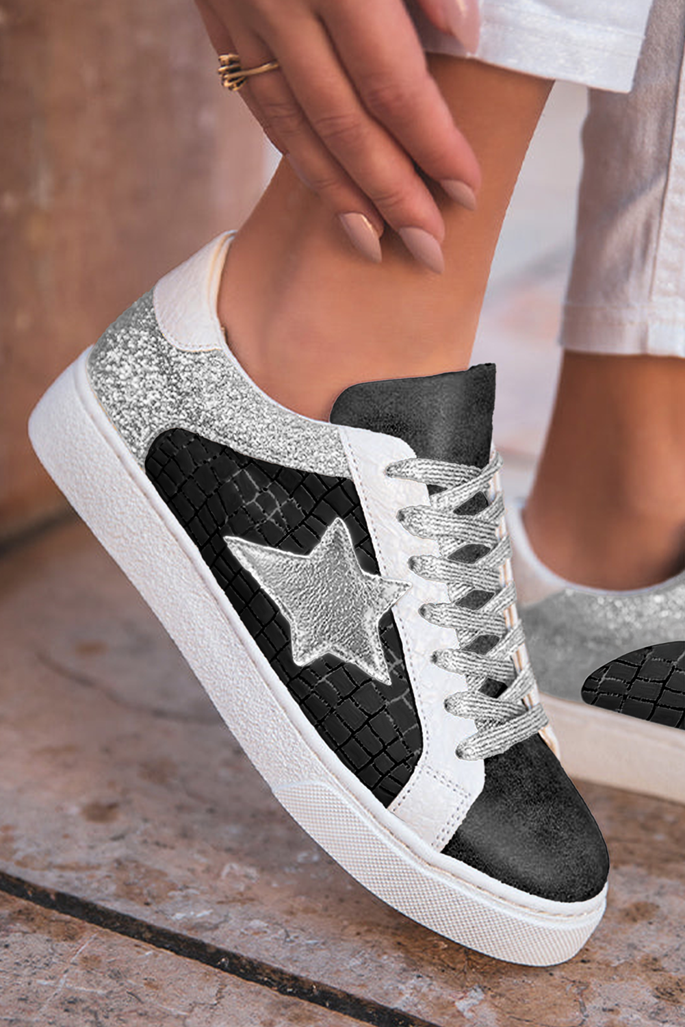 Glitter Star Patchwork PU Leather Lace-up Sneakers Style