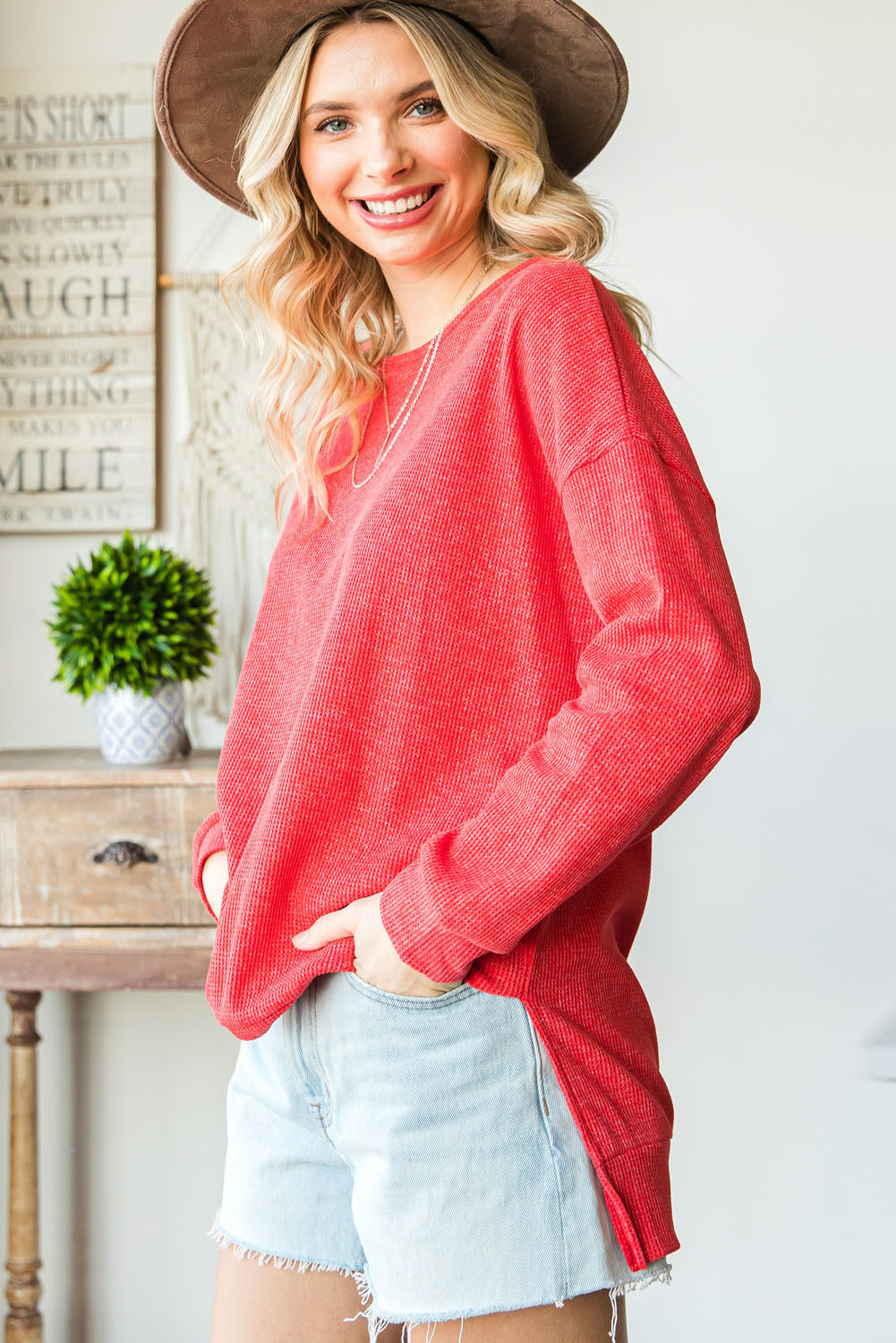 Top for Women Waffle Knitted Side Slit Pullover