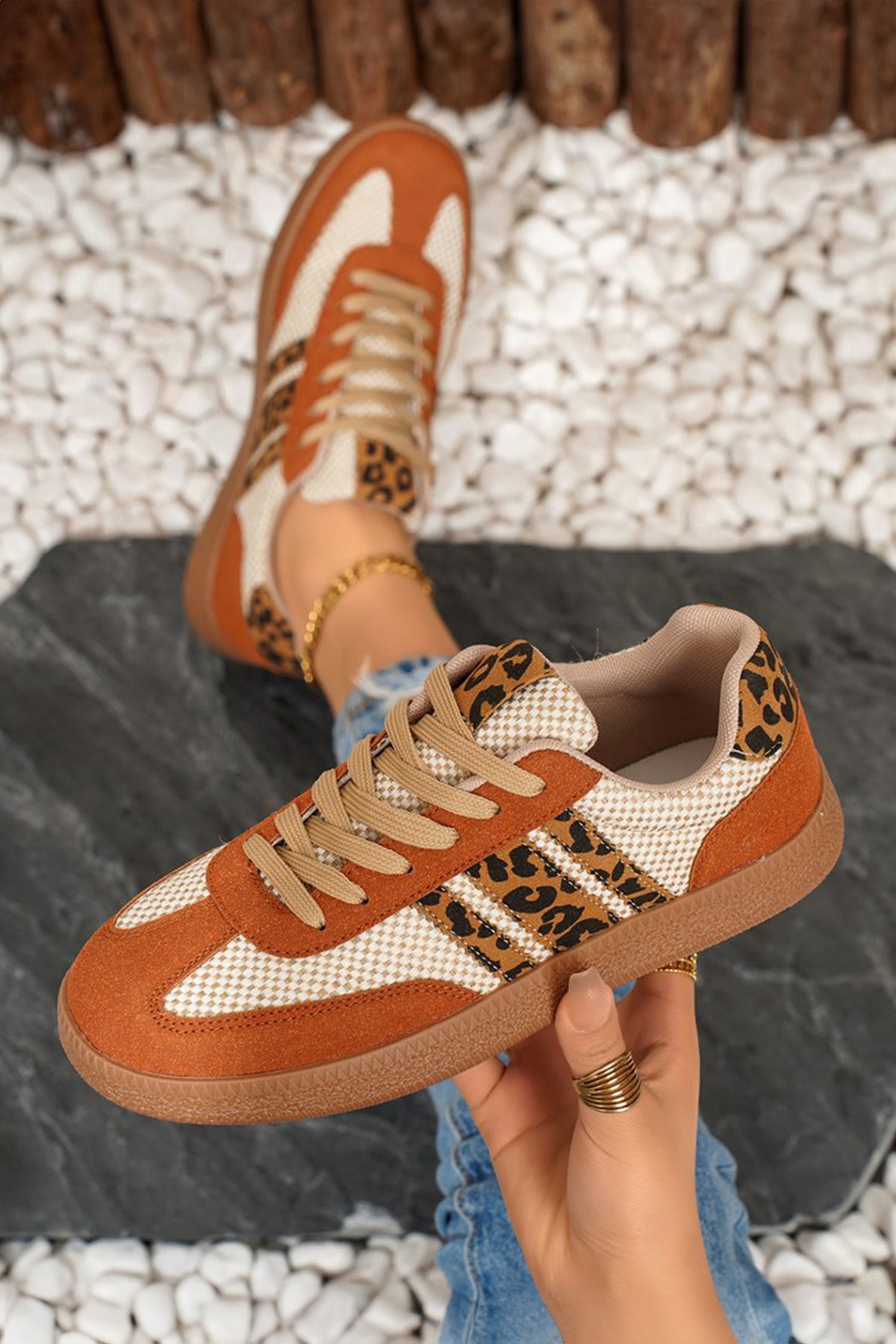 Checkered Leopard Colorblock Patchwork Lace Up Sneakers