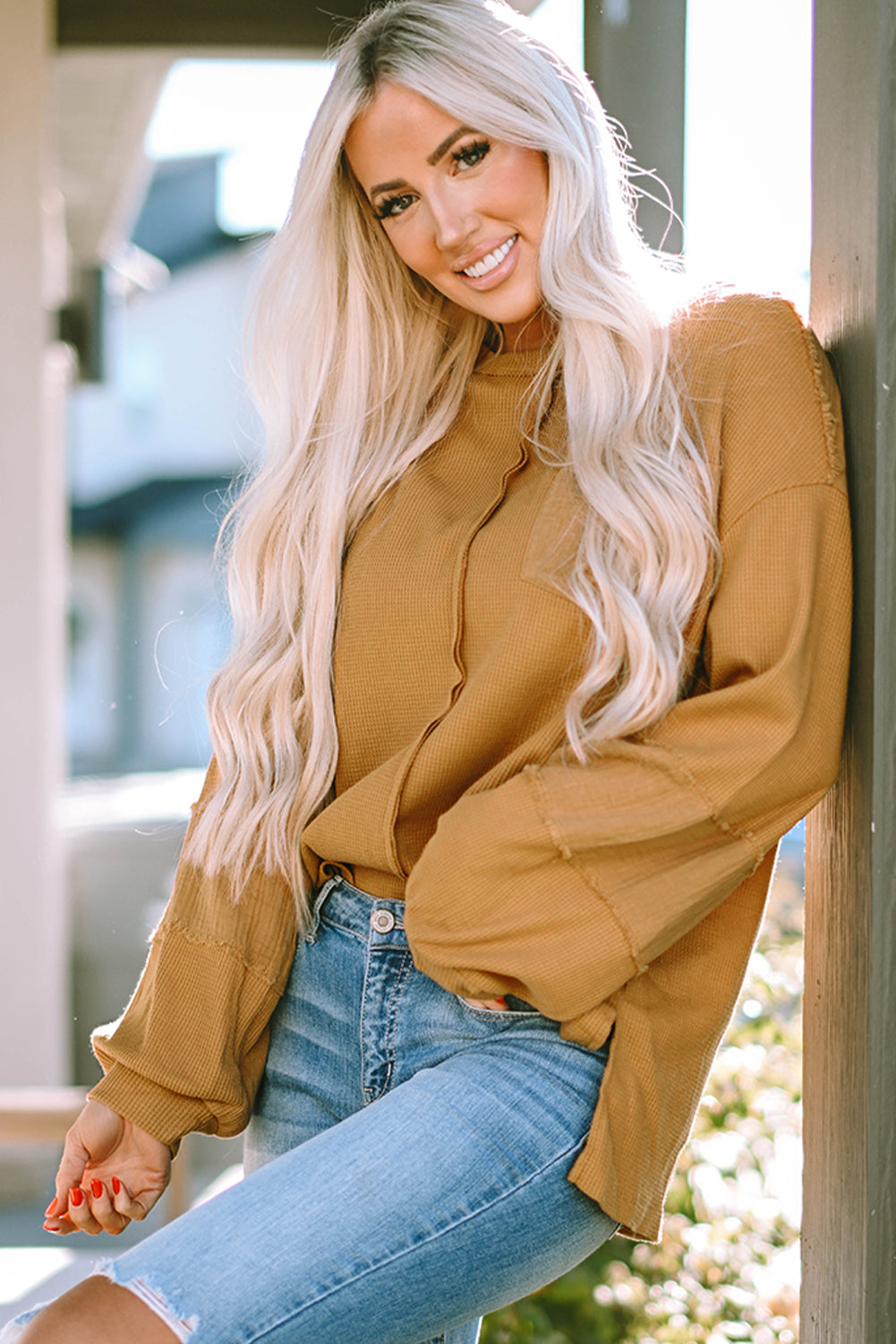 Women's Knit Top Featuring Bubble Sleeve Waffle