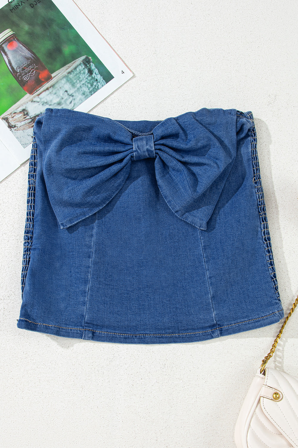 Front Retro Bow Smocked Back Denim Tube Top