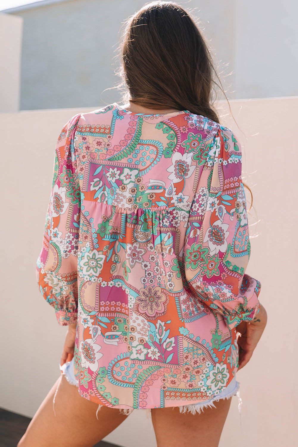 Floral Bubble Boho Bubble Sleeve Tassel Tied Neck Pleated Blouse