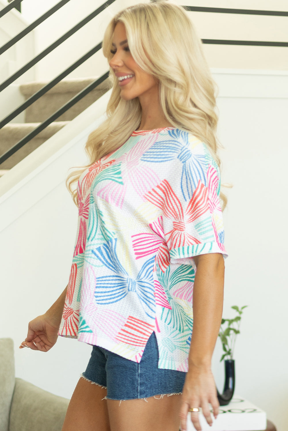 Bowknot Printed Waffle Crewneck Loose Top
