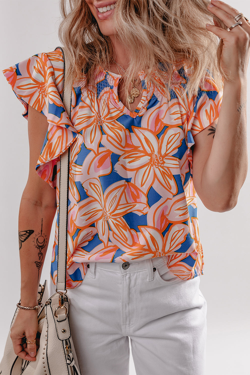 Summer Flower Print Notched Neck Ruffle Sleeve Blouse