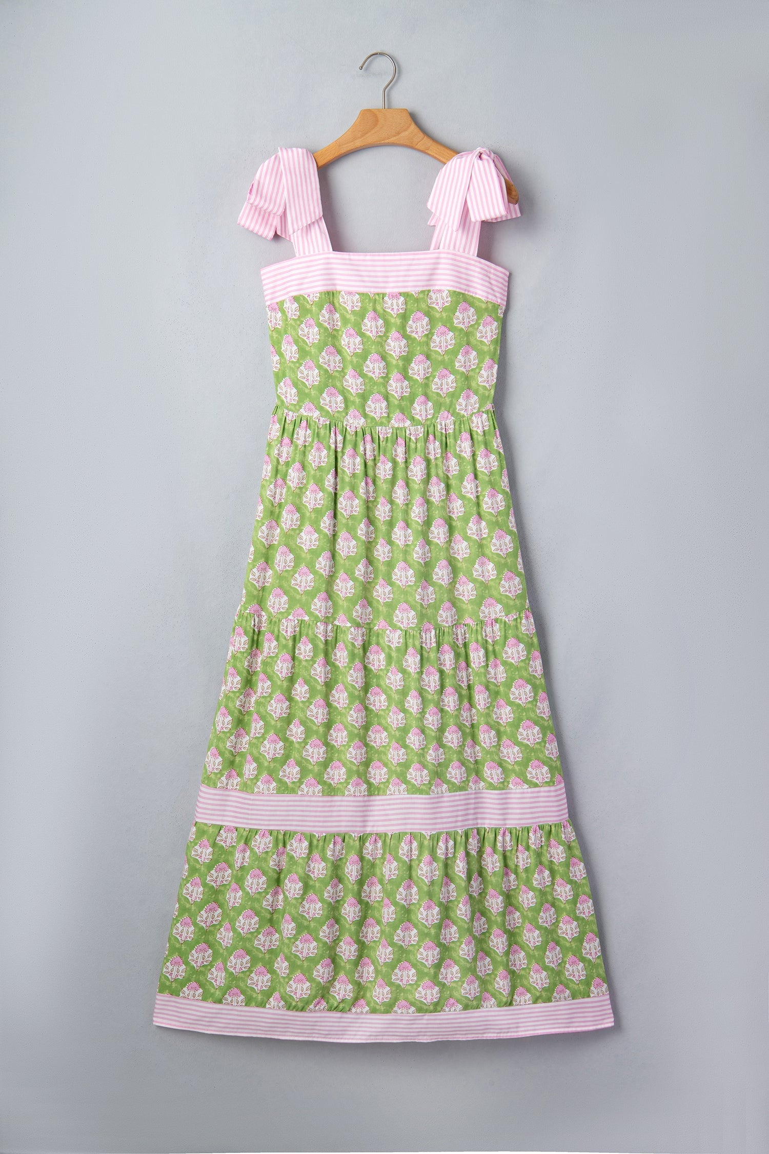 Floral-Print Knot Striped Detail Straps Maxi Dress in Green