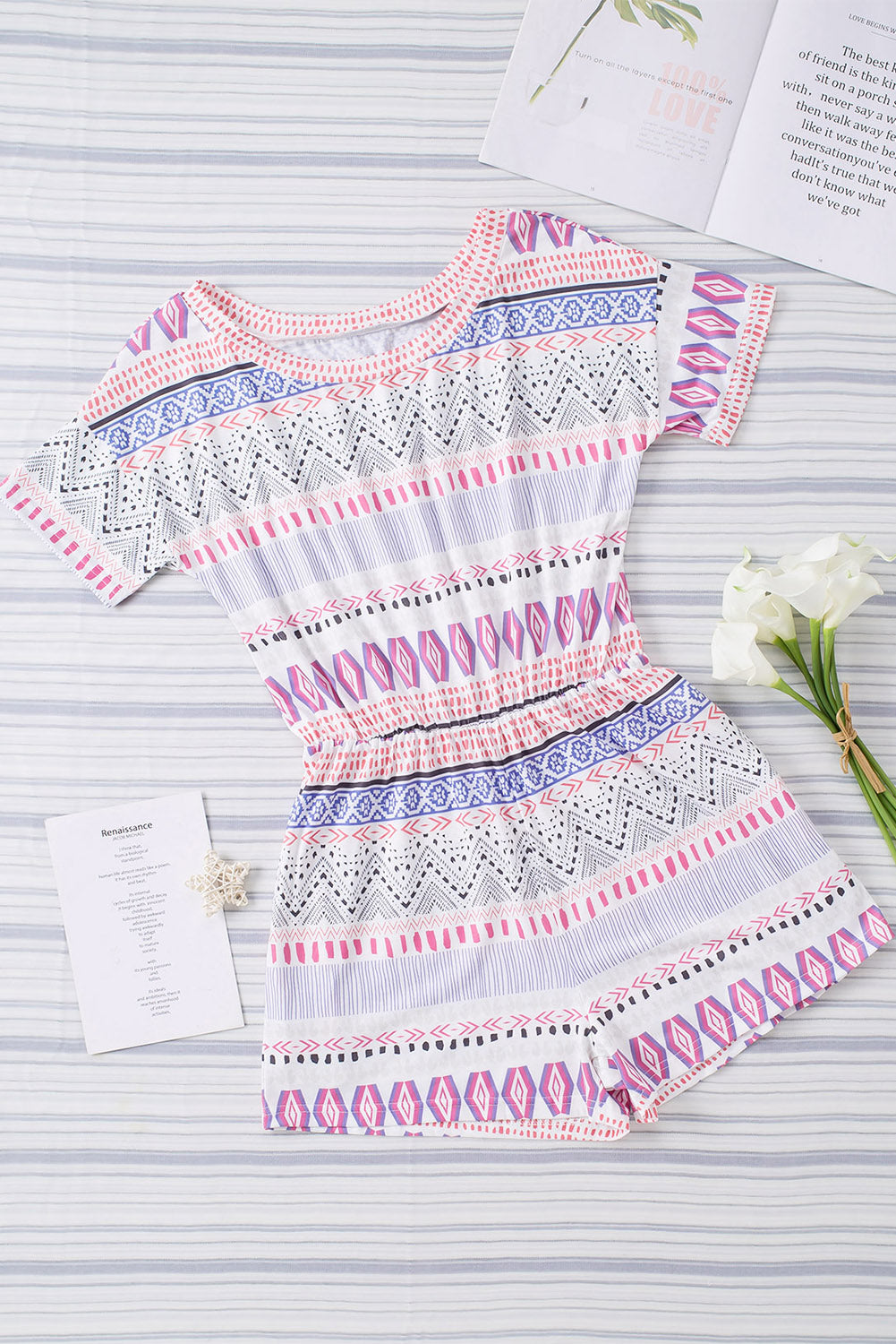 Women's Romper Featuring Aztec-Pattern Short-Sleeve