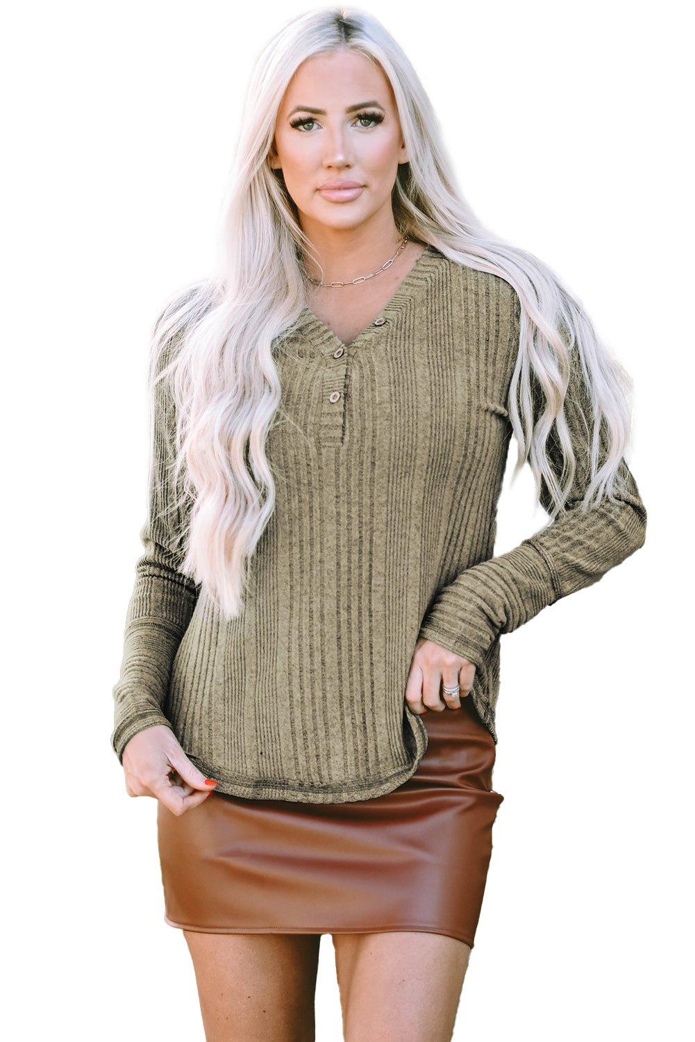 Women's Rib-Knitted V Neck Button-Front Knit Top