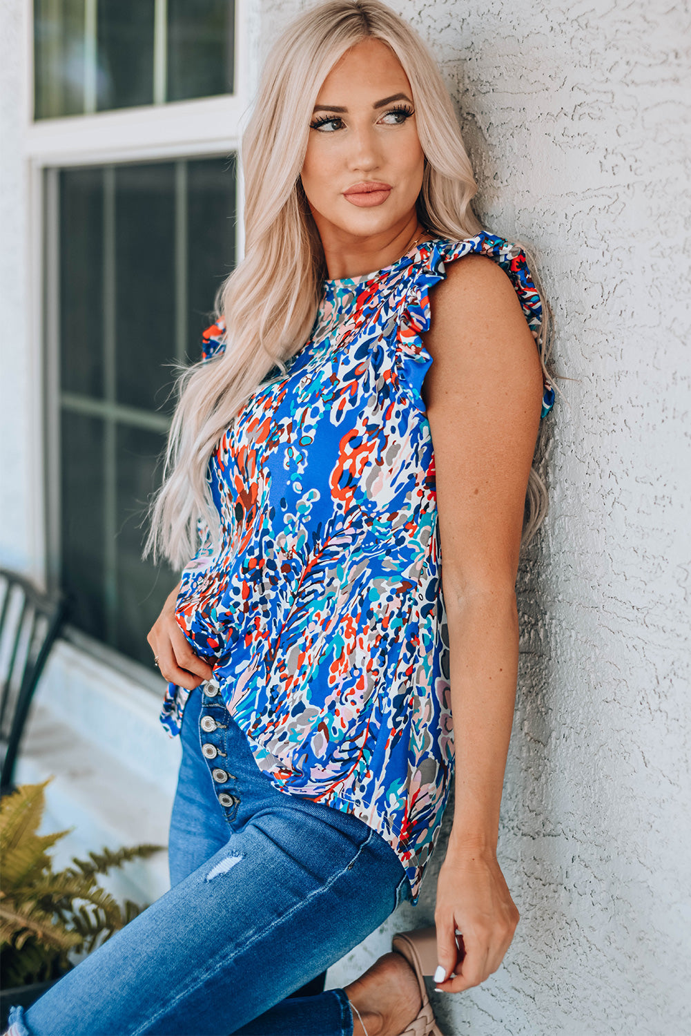 Women's Tank Top with Floral-Print Print Ruffles