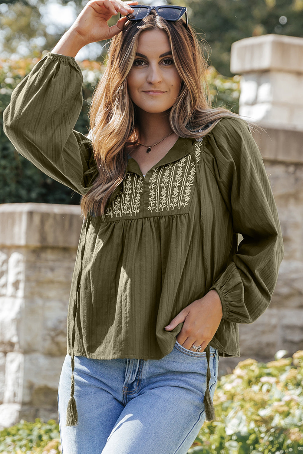 Women's Blouse with Green Split Neck Pleat-Detail Loose