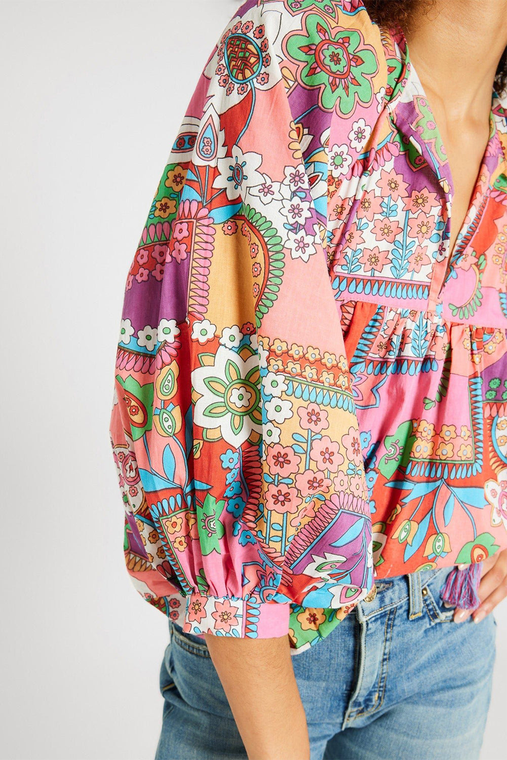 Floral Bubble Boho Bubble Sleeve Tassel Tied Neck Pleated Blouse