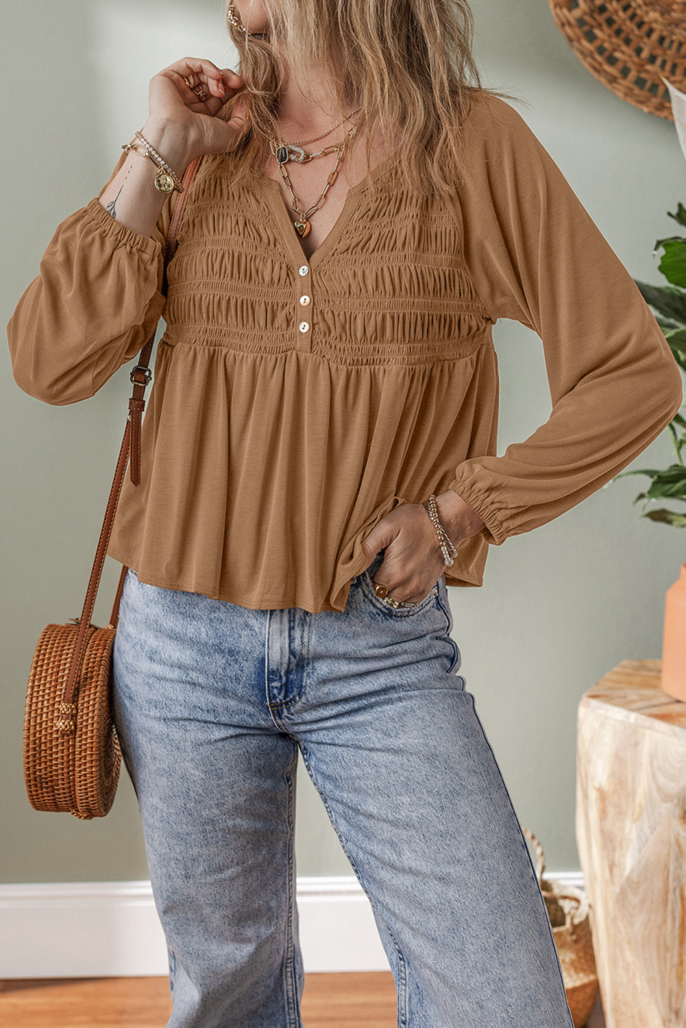 Button-Front Smocked Bust Split V-Neck Flow Fit Blouse