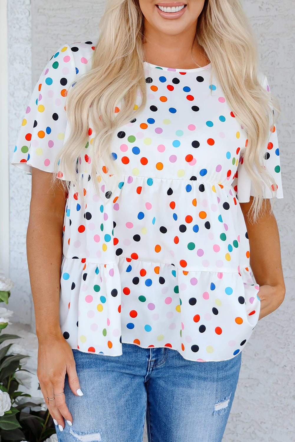 Colorful Polka Dot Short Sleeve Tiered Ruffled Babydoll Blouse
