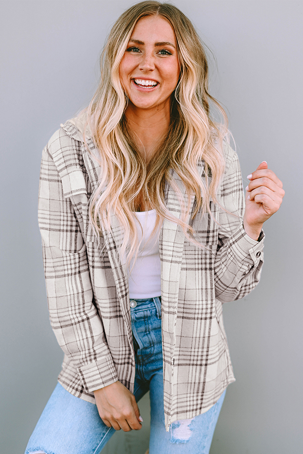 Women's Shacket Featuring Button-Front Plaid Hood