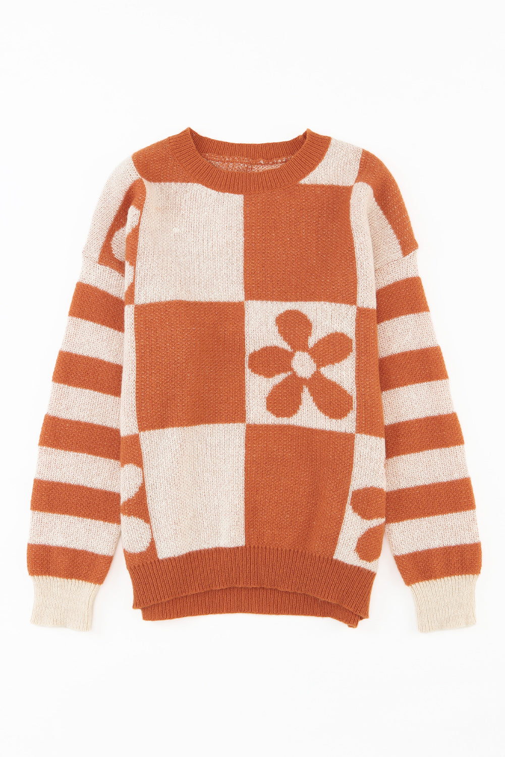 Women's Sweater Featuring Checked Floral-Print Print Striped