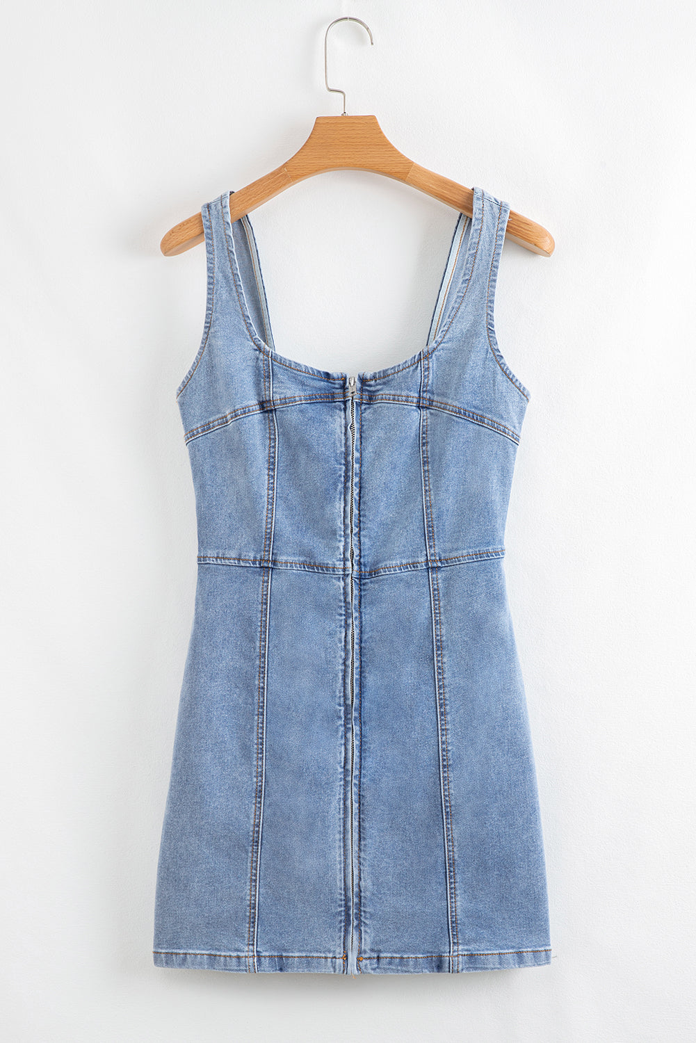 Seamed Zipper Square Neck Sleeveless Denim Mini Dress