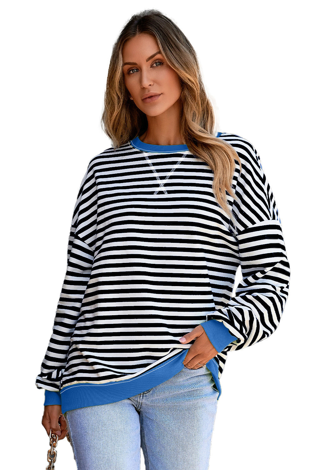 Striped Contrast Rib-Knit Trim Crossed Stitch Drop-Shoulder Sweatshirt