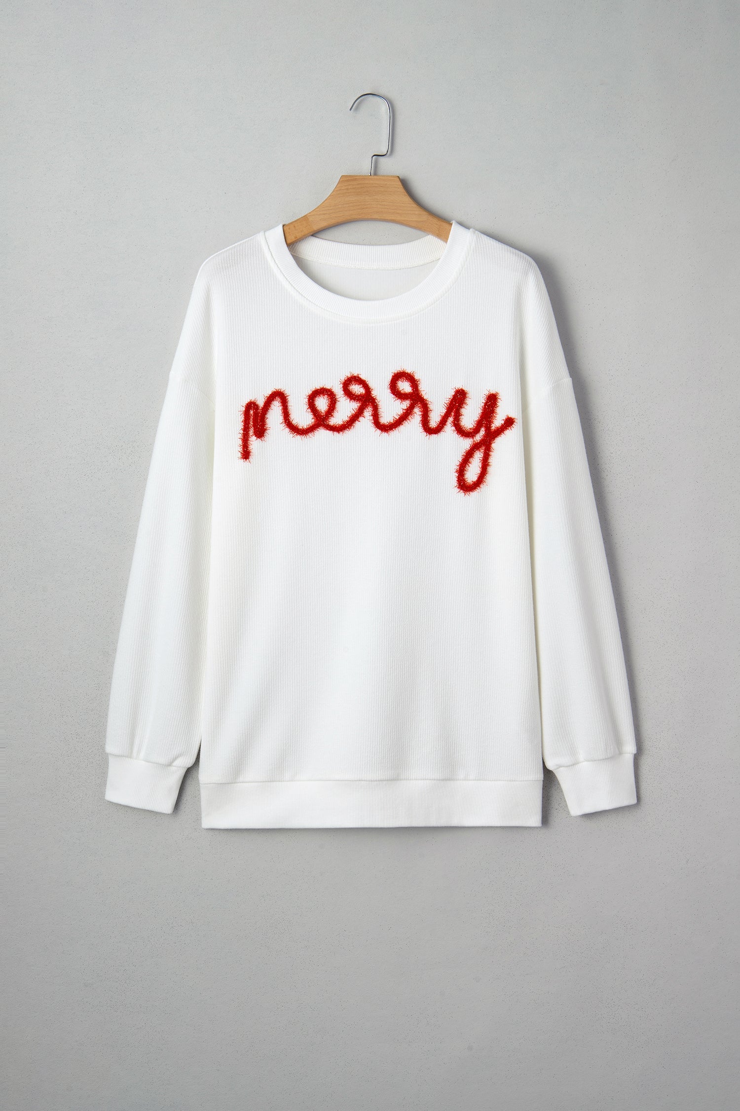 Merry Embroidery Tinsel Letter Rib-Knit Drop-Shoulder Sweatshirt