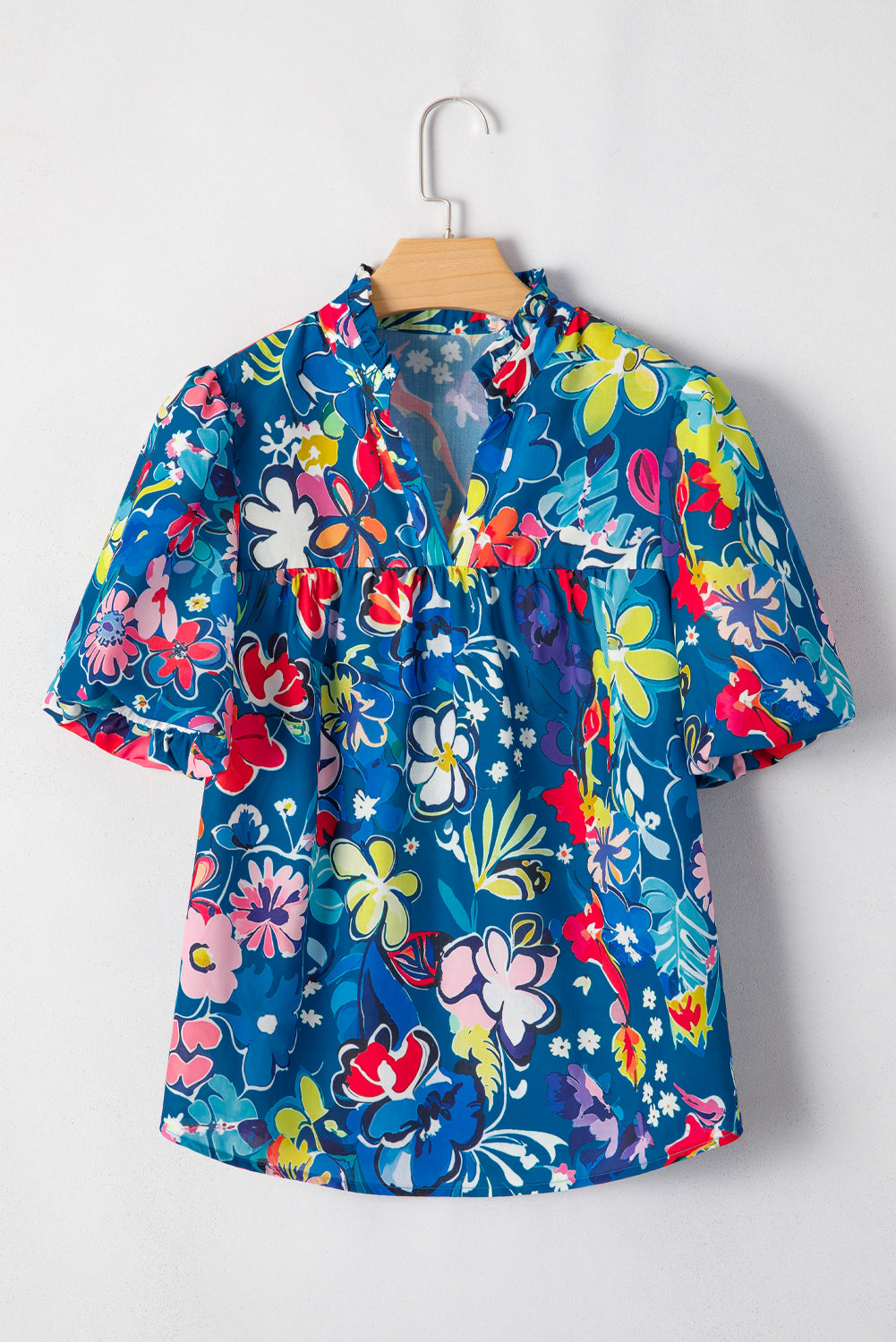 Flower Print Collared V-Neck Puff Short-Sleeved Loose Blouse