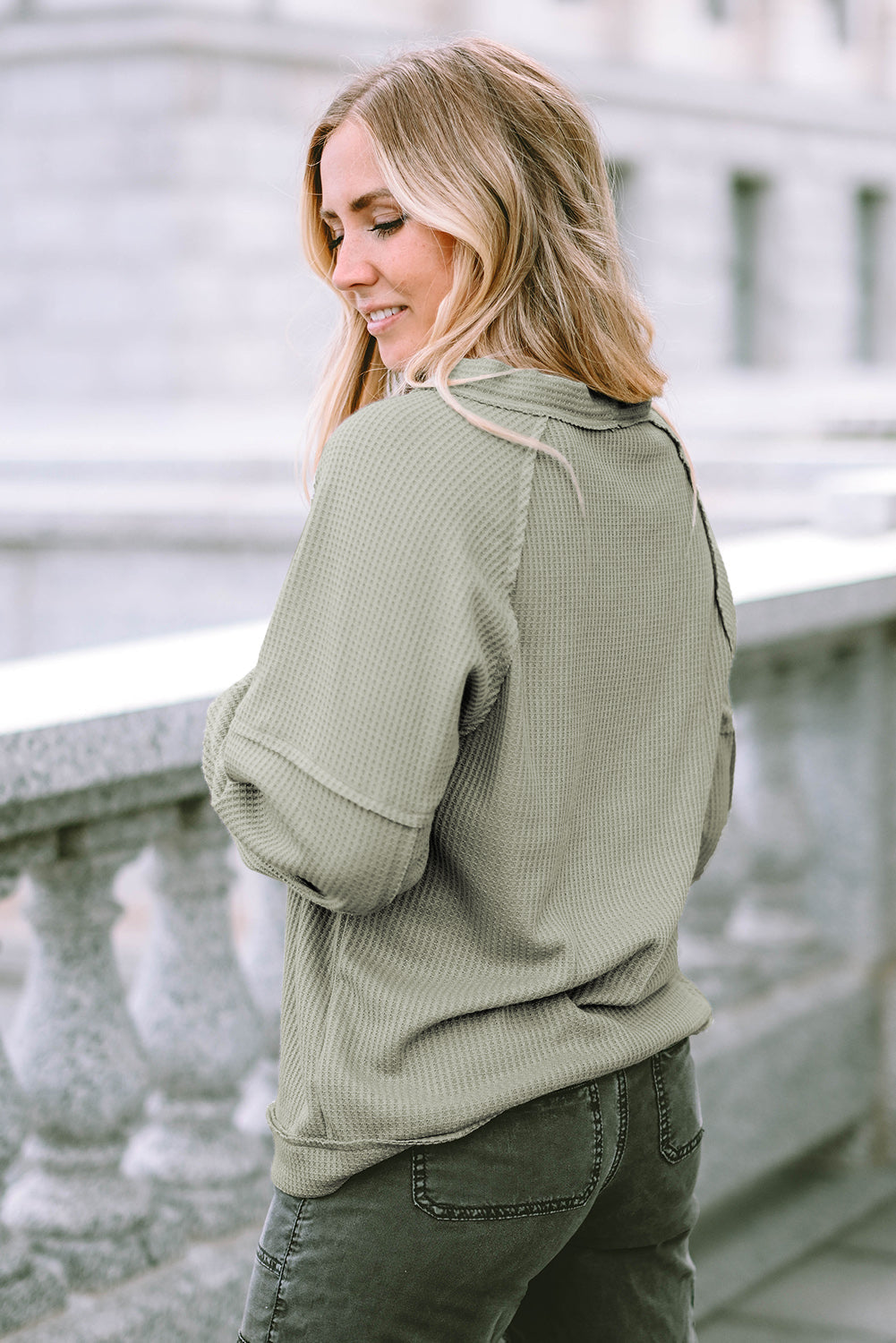 Women's Knit Cardigan with Exposed Seam Waffle