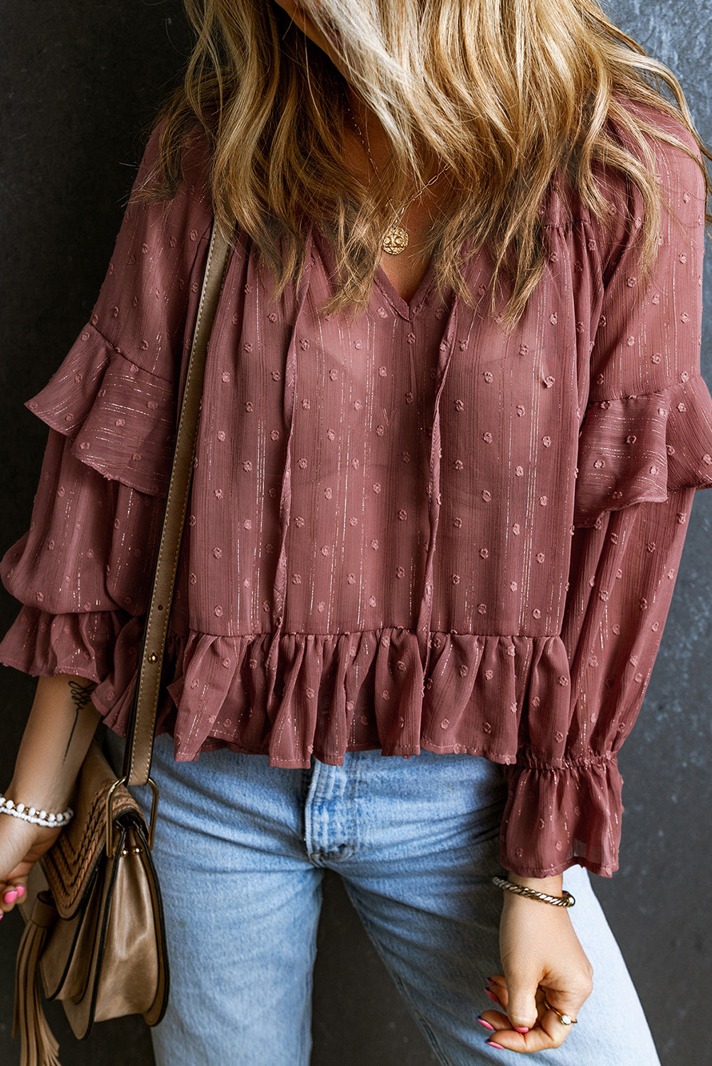 Women's Blouse with Ruffle-Trimmed Swiss Dot Lace-Trimmed up V Neck