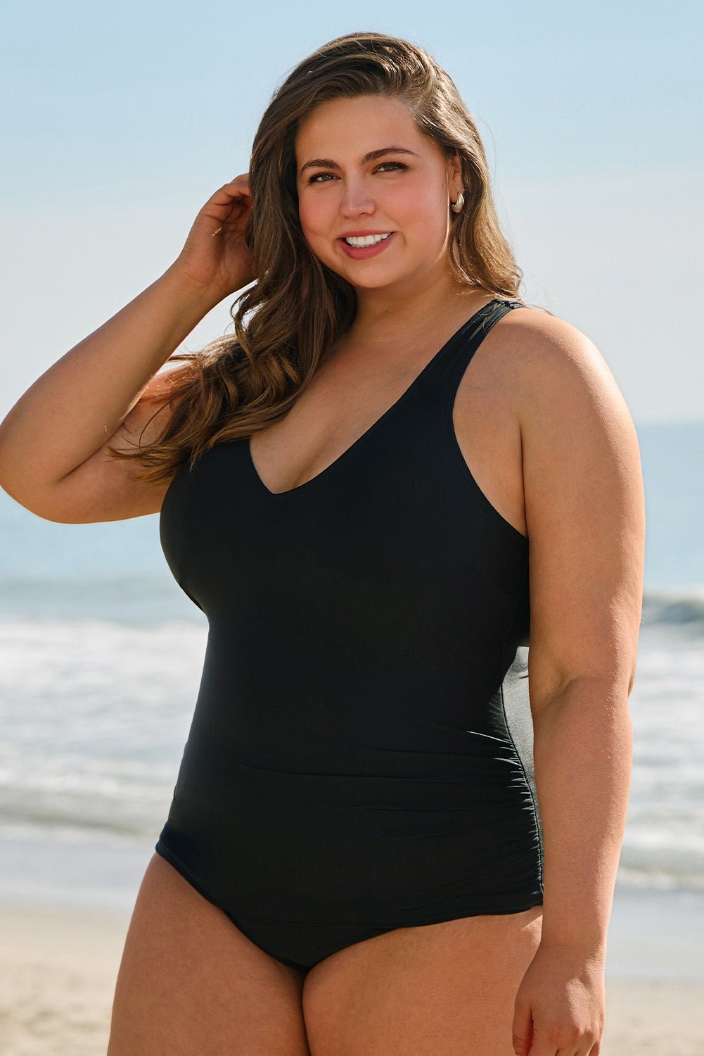 Black U Neck Padded Plus Size One Piece Swimsuit