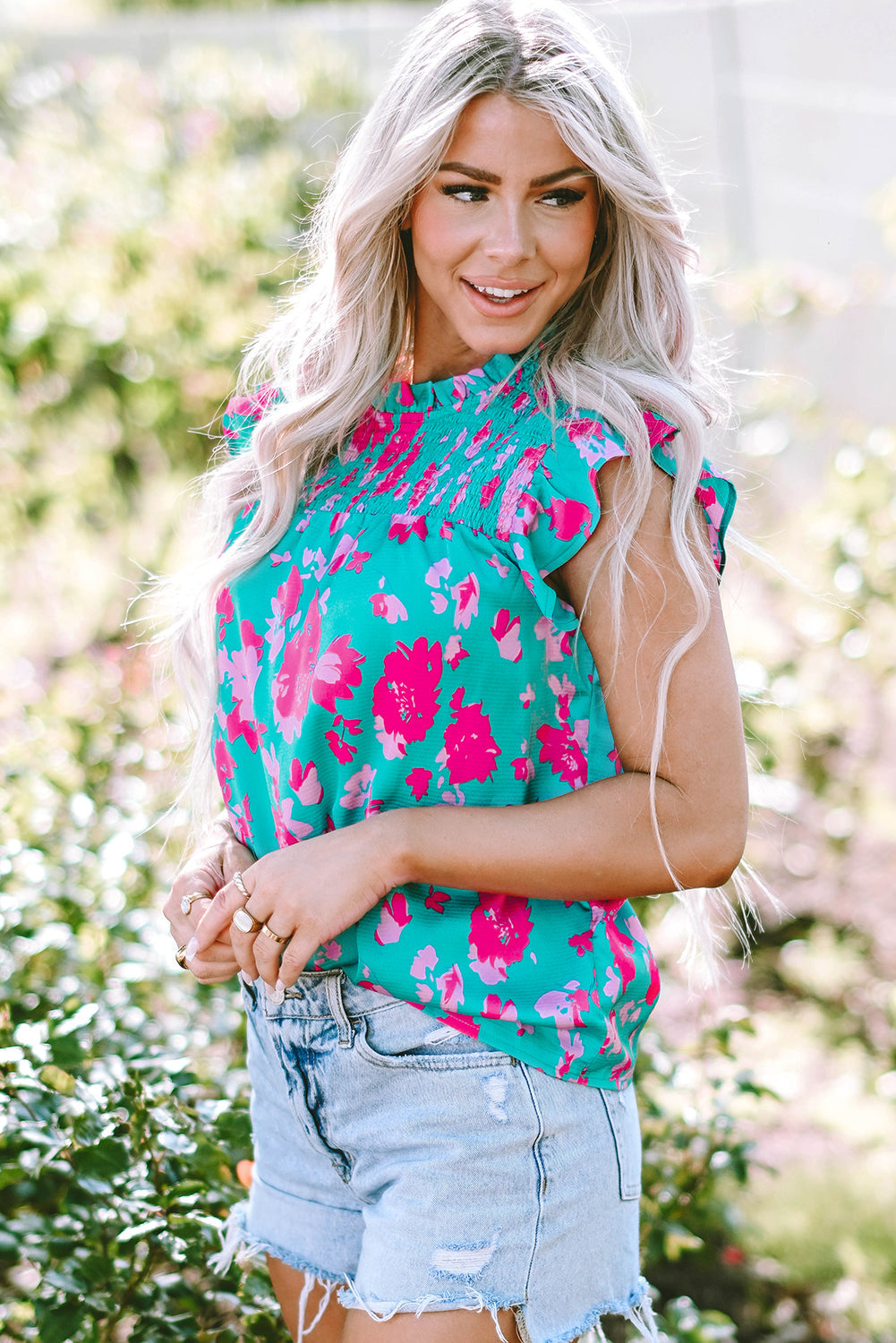 Women's Blouse Featuring Floral-Print Ruffle-Trimmed Flutter Sleeve Ruched