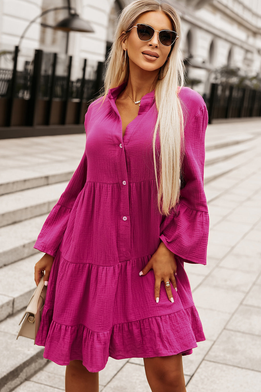 Women's Crinkled Layered Split Neck Shirt Dress