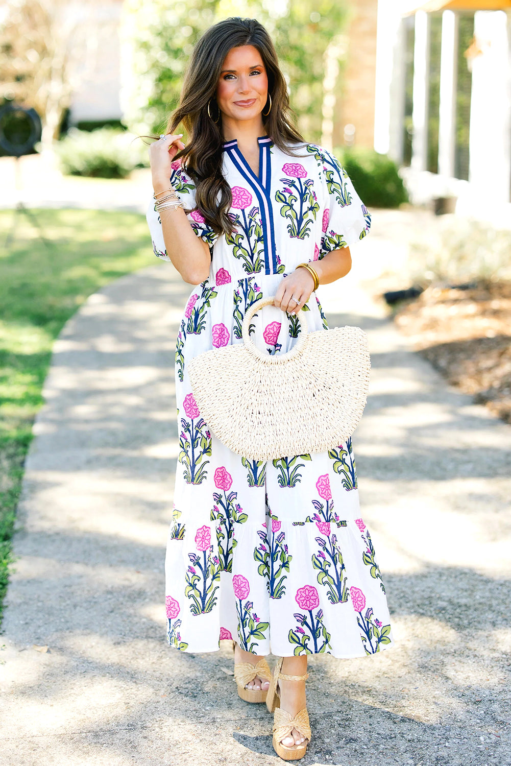Polished Puff White Floral Short-Sleeved V-Neck Maxi Dress