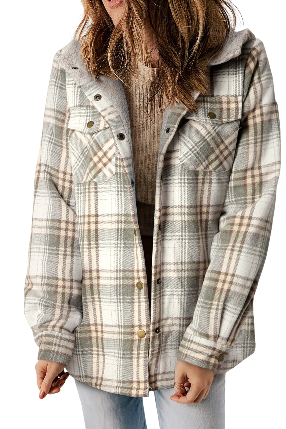 Women's Shacket with Lined Hooded Plaid Sherpa