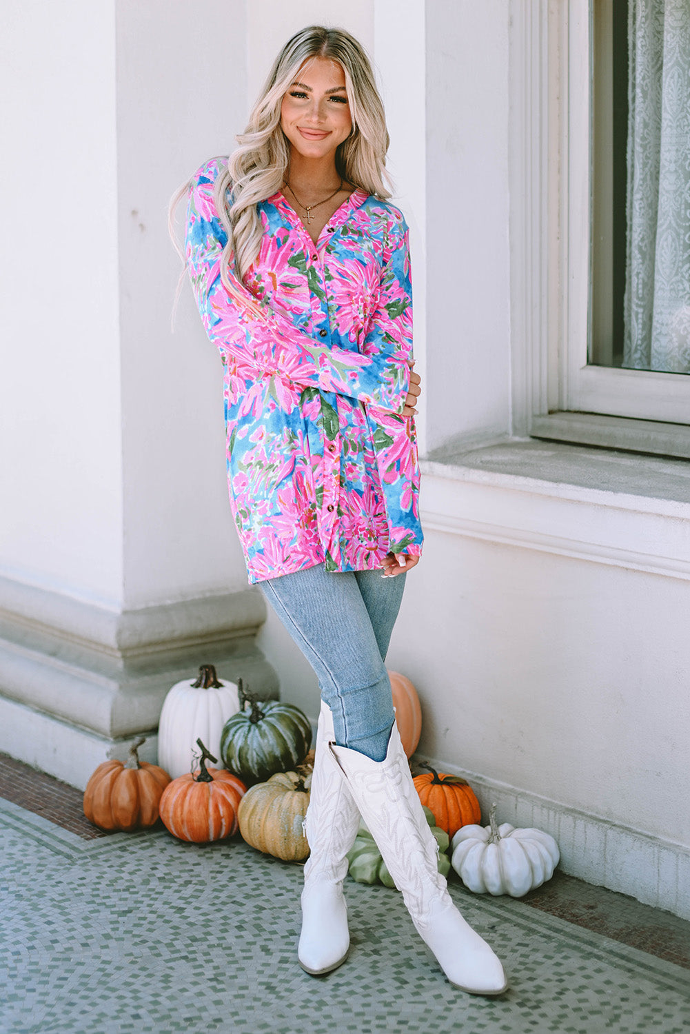 Cardigan for Women Flower Long-Sleeve Button Up