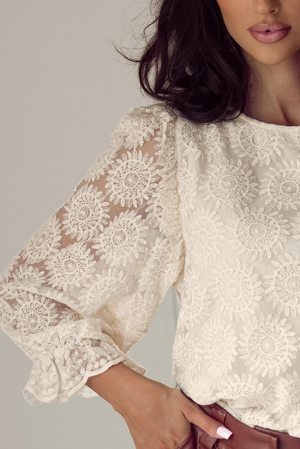 Women's Blouse with Ruffle-Trimmed Three-Quarter Sleeve Button Back