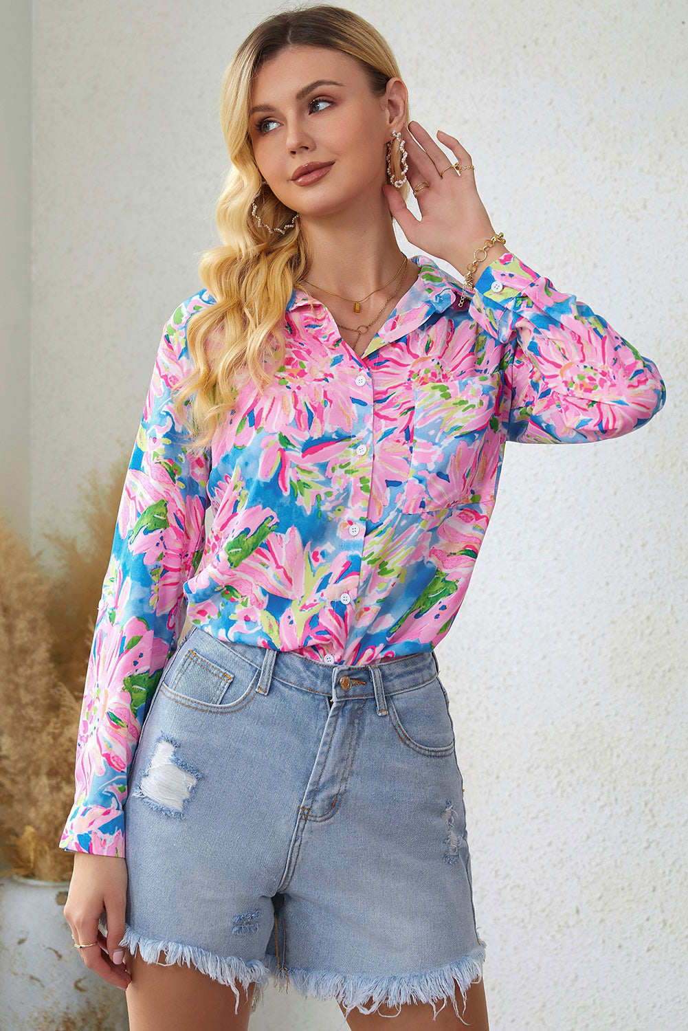 Shirt for Women Sheath Floral-Print Print Button-Front